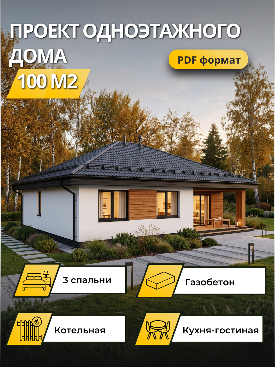 Проект дома 100 м2 / Газобетон / 1 этаж / 11,45×9,65 м / 47 листов /ОПГД39.1