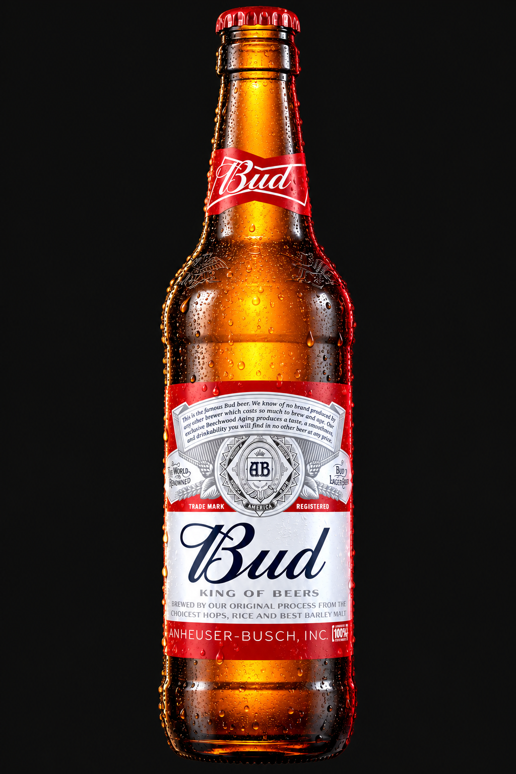 Bud — коричневая бутылка с красно-белой этикеткой