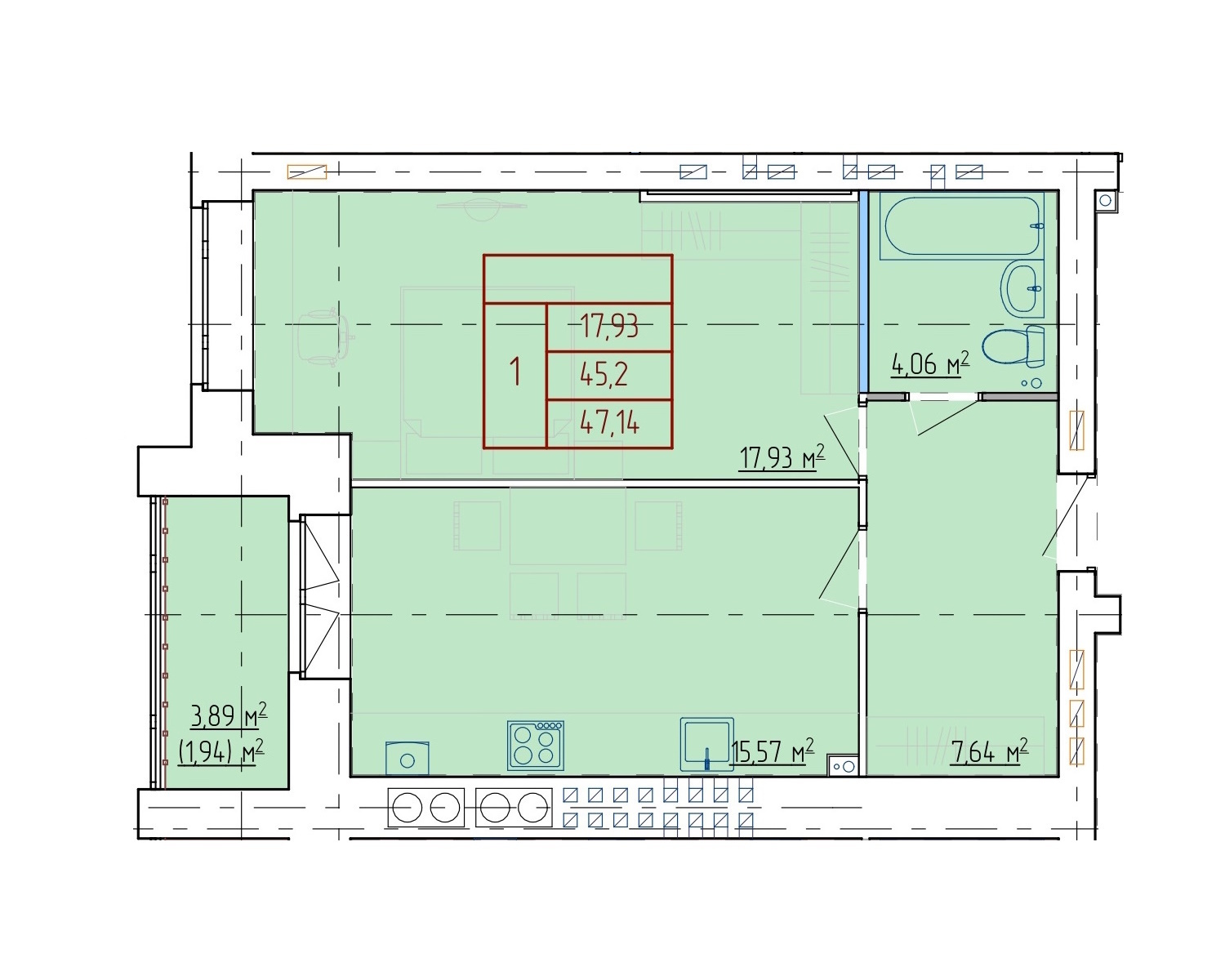 Планировка 1-комн. 4