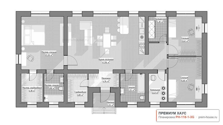 Планировка 1 этажа дома Современный дом 118 м2, 118 м²— Премиум Хаус