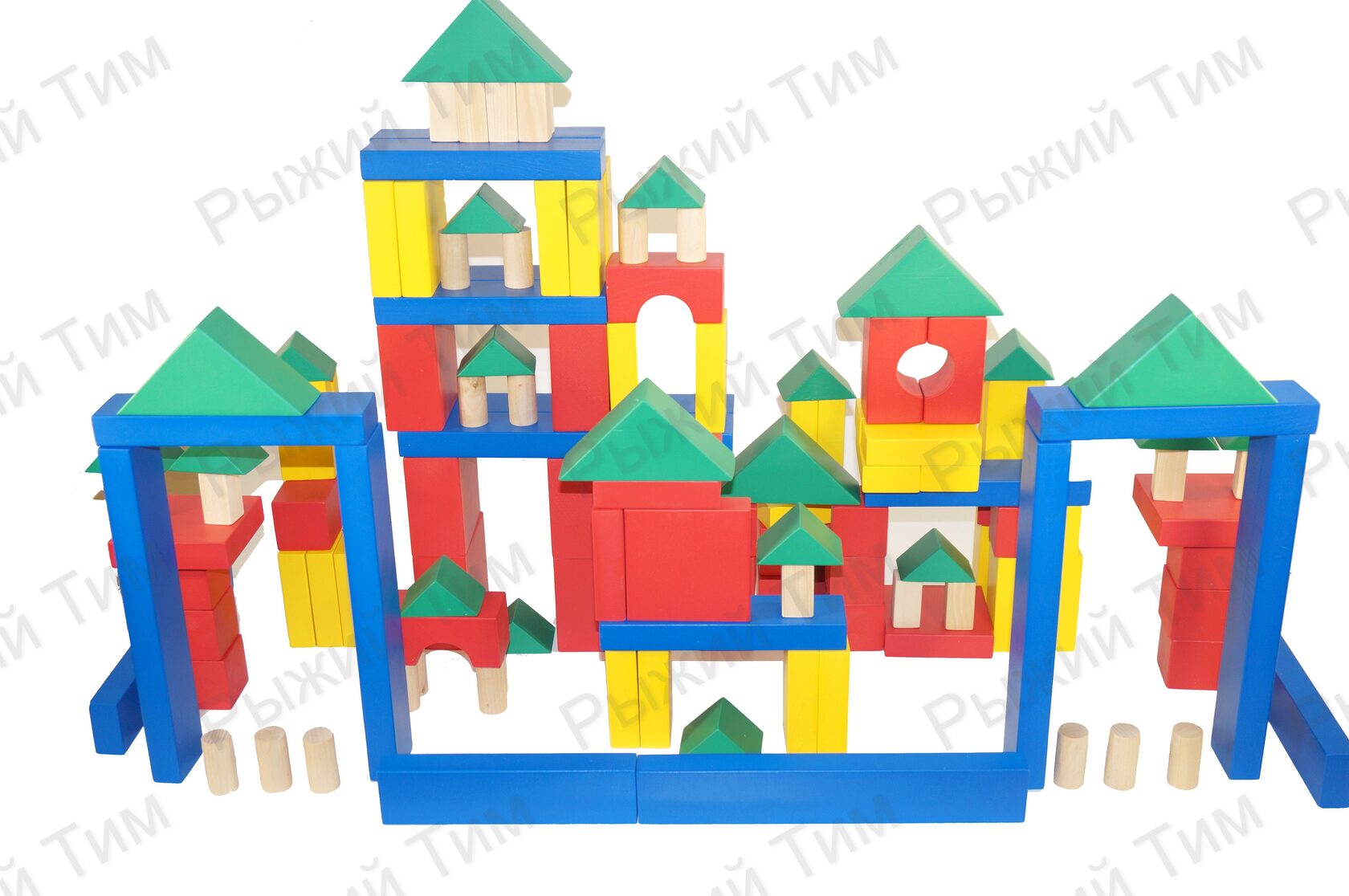 Конструктор деревянный с большими неокрашенными и цветными элементами ...