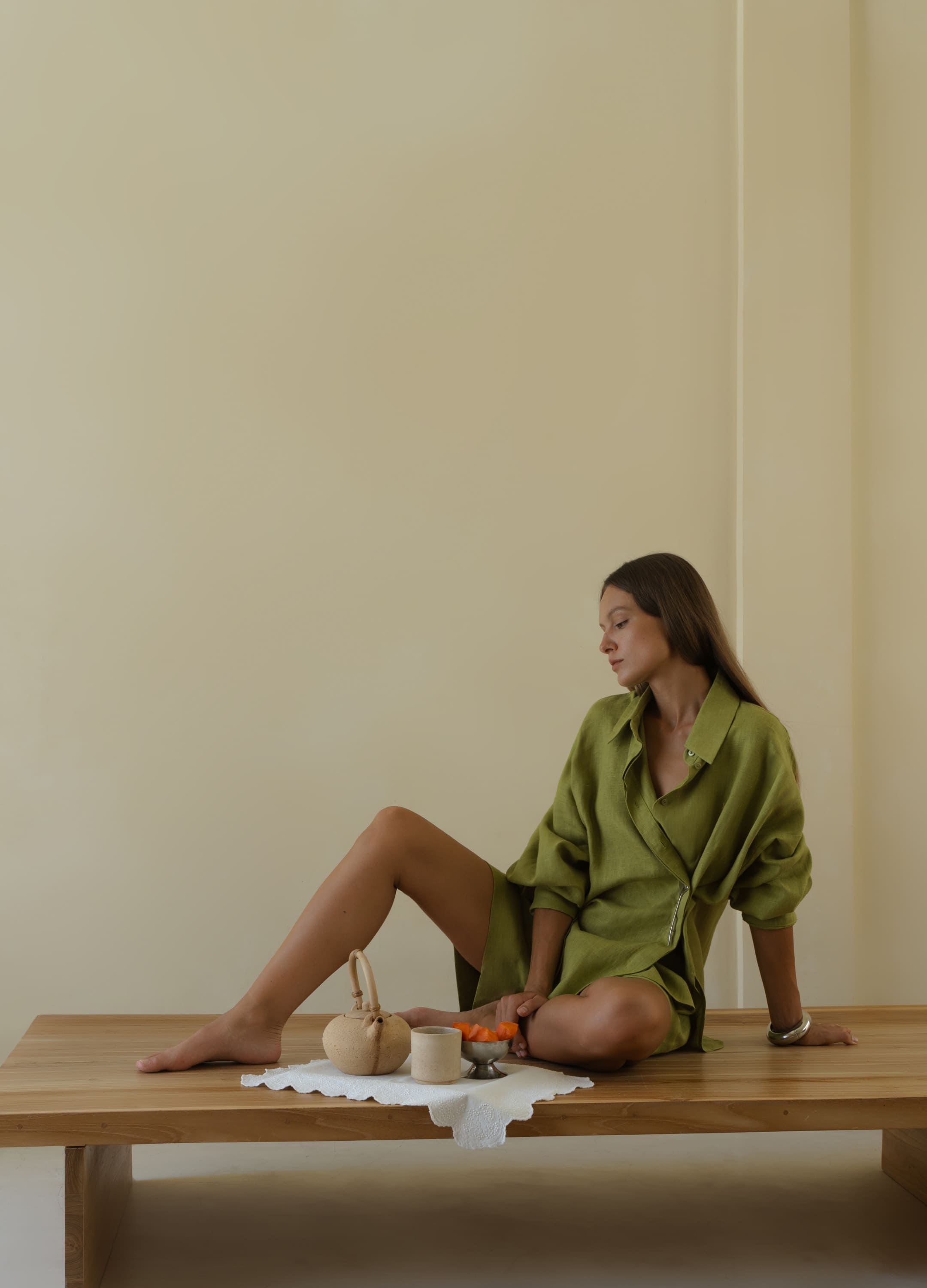 

Льняной костюм Ideal: рубашка + шорты - Зелёный, Olive;зелёный