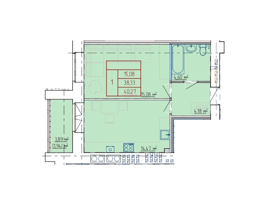 Планировка 1-комн. 4