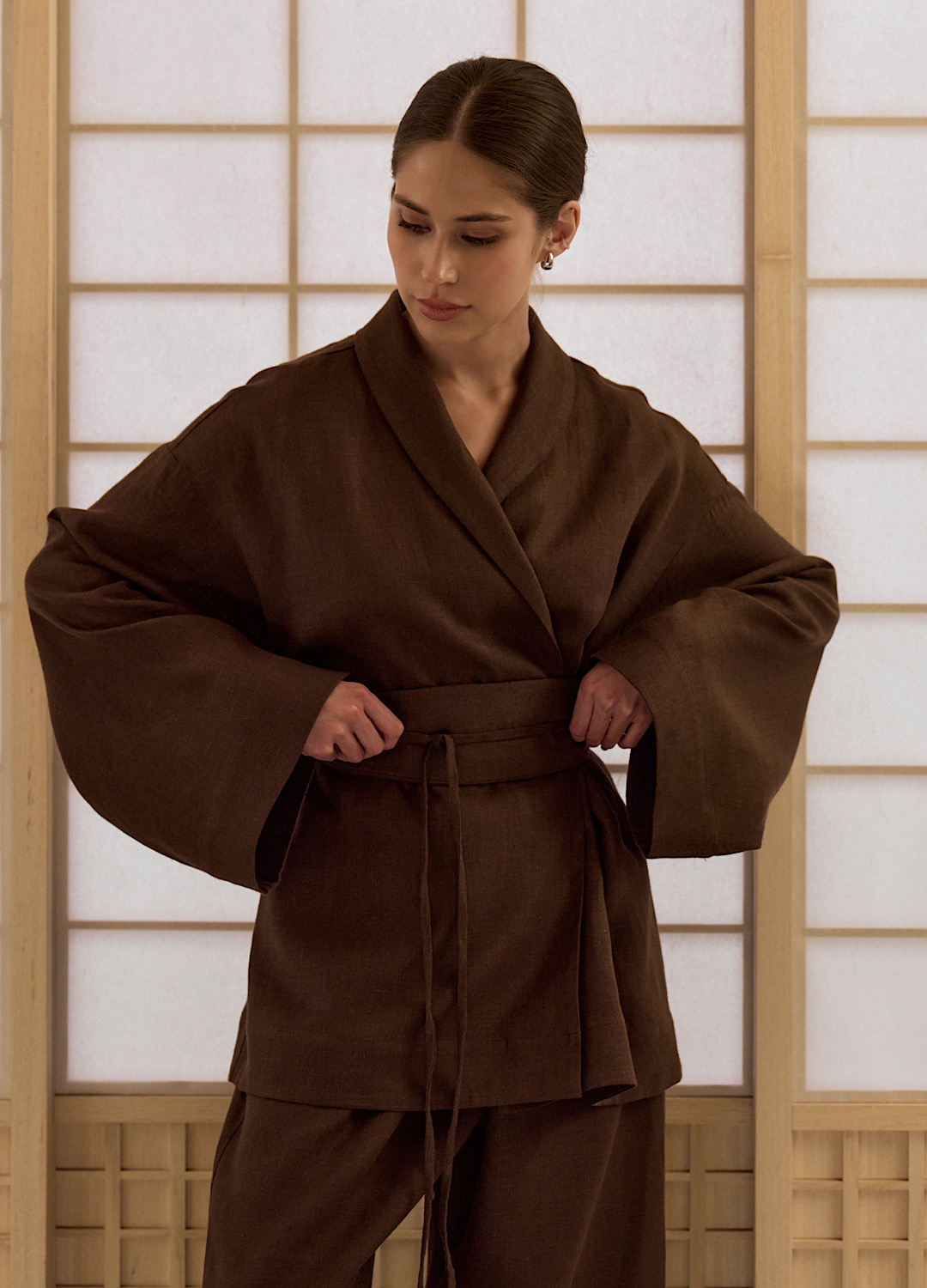 

Костюм Okinawa изо льна: кимоно с поясом + кюлоты - Коричневый, Brown;коричневый