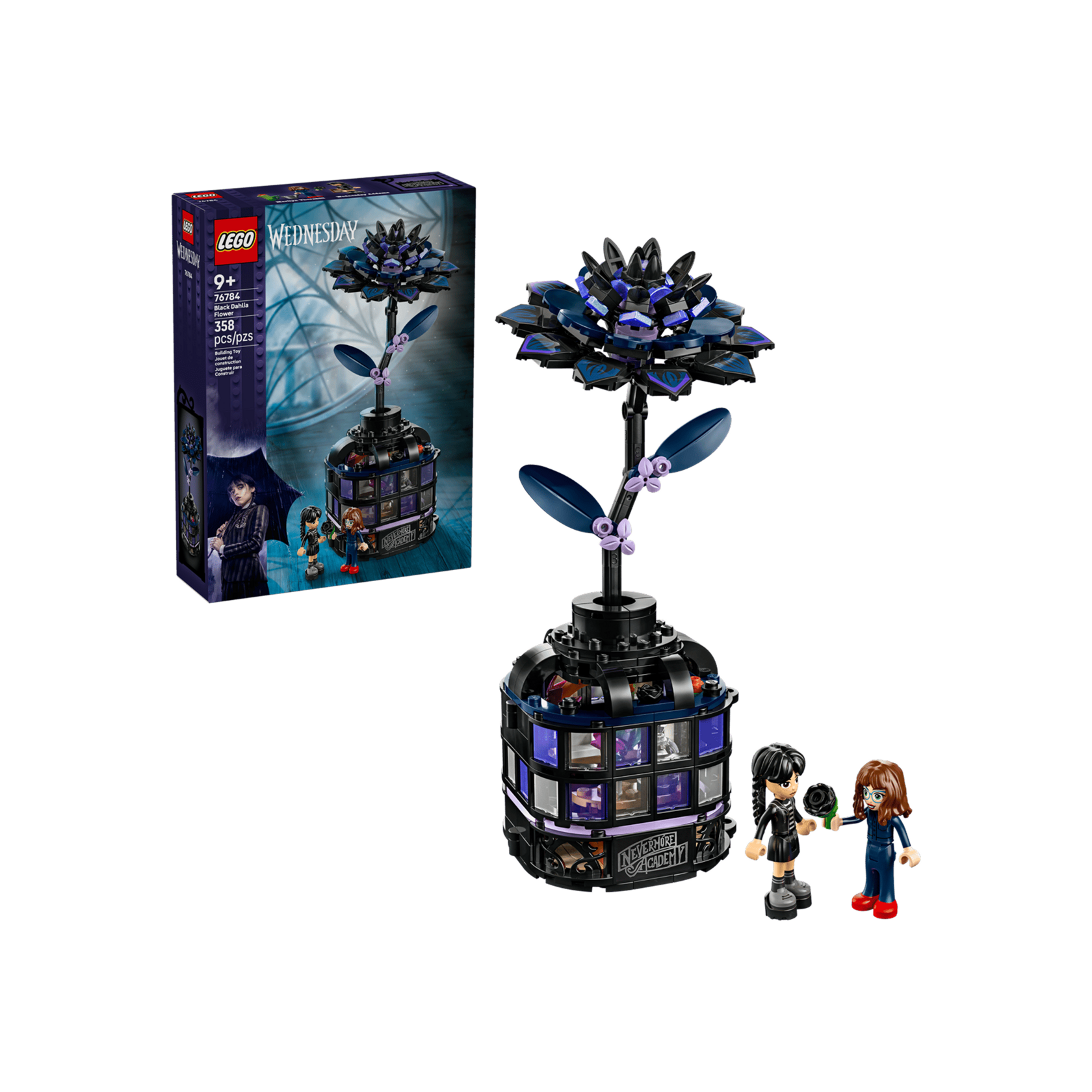 Набор LEGO Wednesday Цветок черного георгина (76784): коробка, цветок в вазе и фигурки