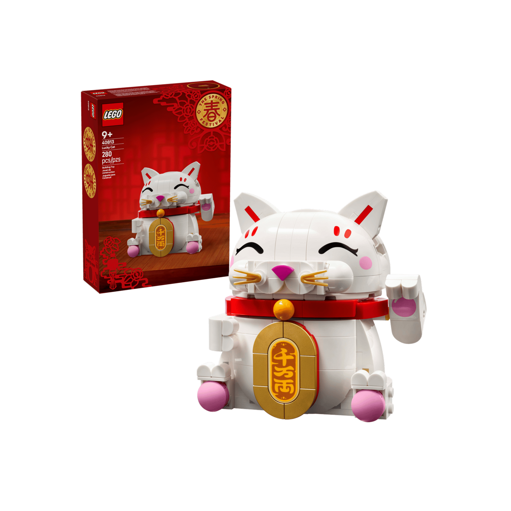 Набор LEGO Seasonal Кот удачи (40813): коробка и собранный кот