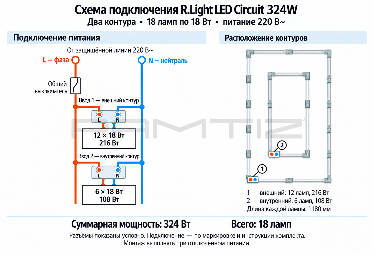 Схема подключения светодиодного освещения «Прямоугольники» R.Light LED Circuit 324W