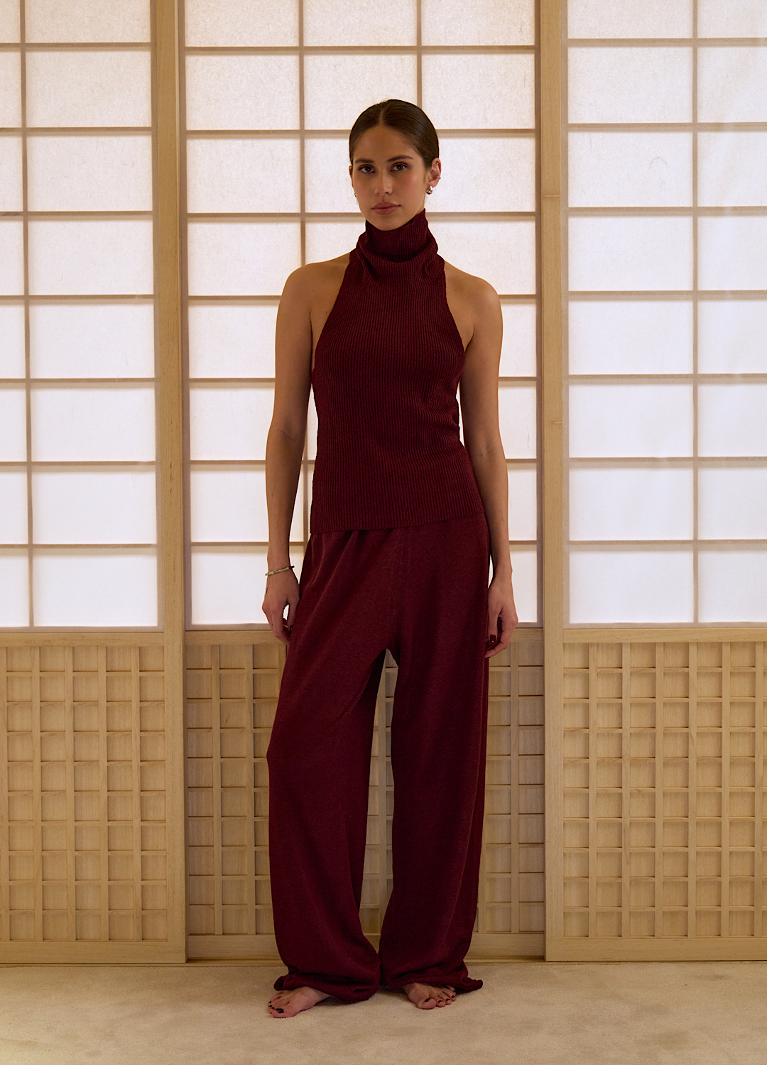 

Вязаный комплект из 100% льна: топ + брюки - Бордовый, Burgundy;бордовый