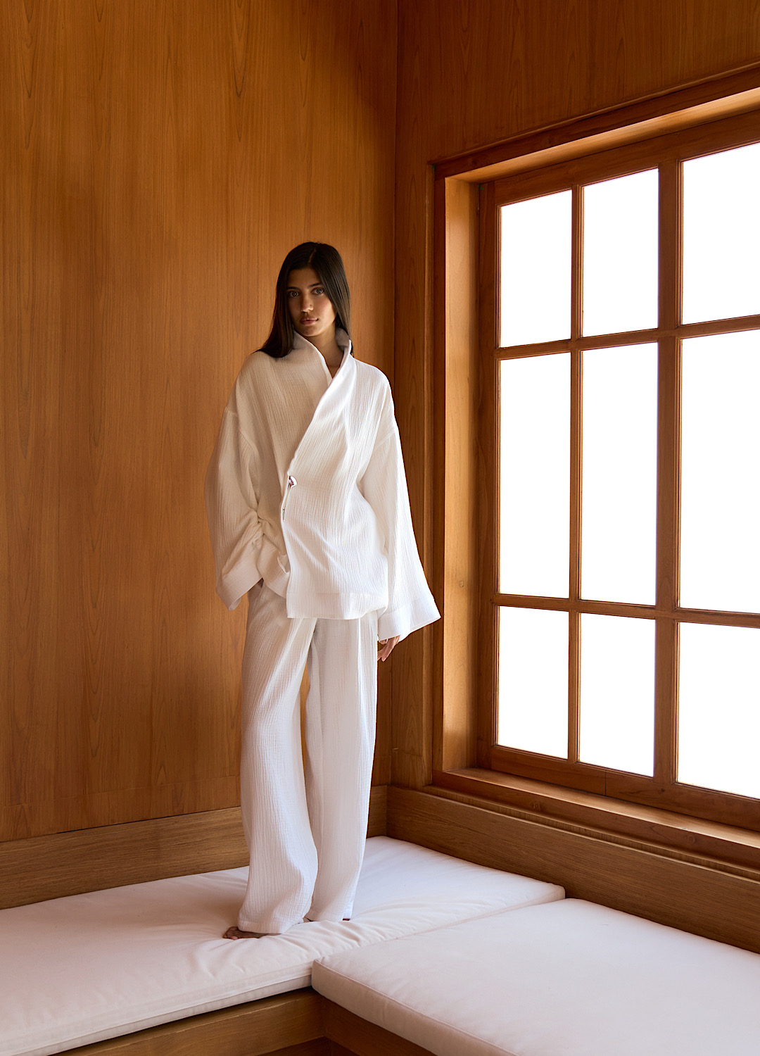 

Костюм Wabi-sabi из мягкого хлопка: кимоно + брюки - Белый, White;белый