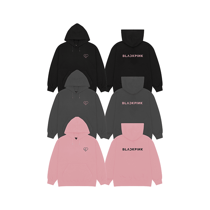 Толстовки BLACKPINK BPPOPUP в чёрном, тёмно-сером и розовом цвете, вид спереди и сзади