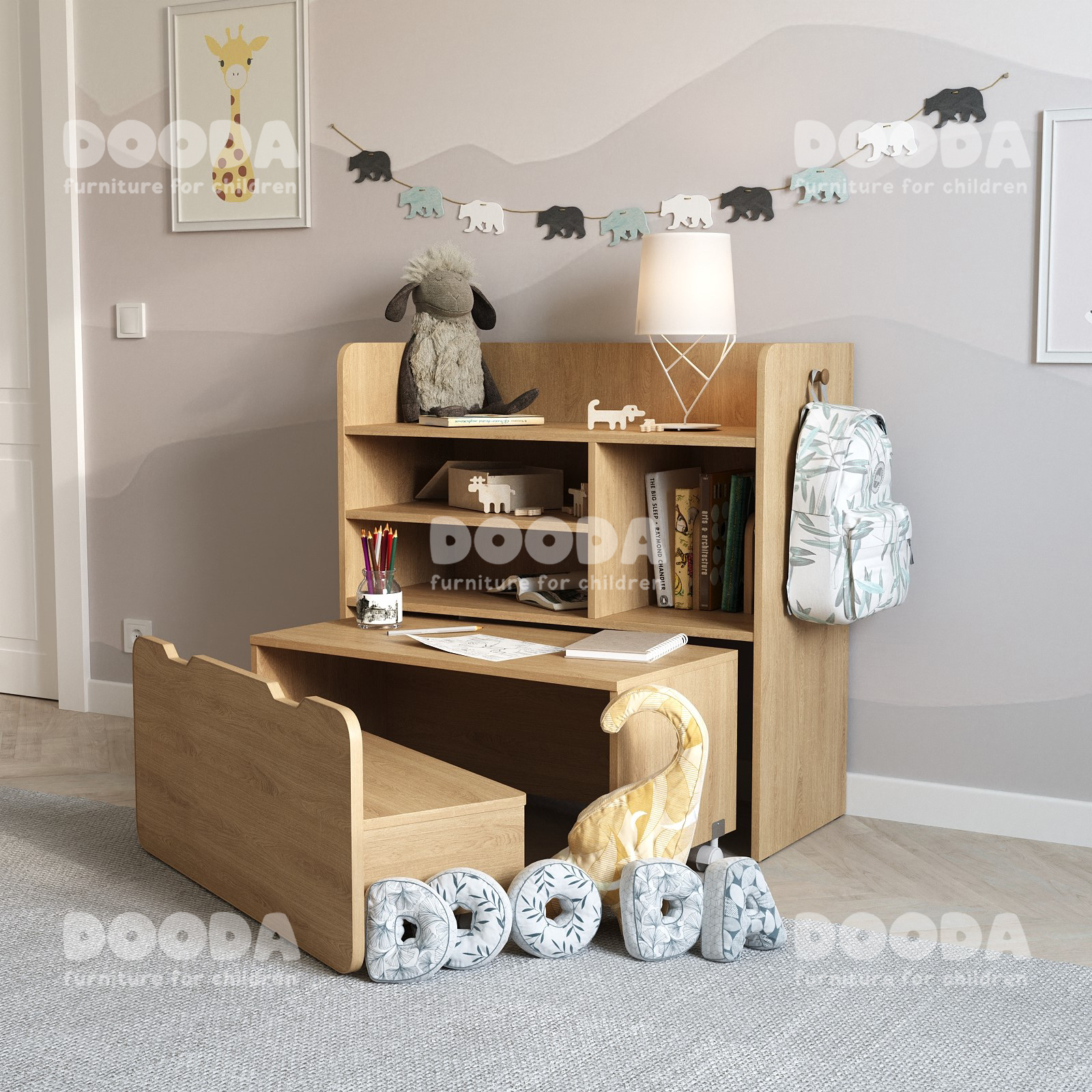 Комплект Монтессори мебели (стеллаж, скамья, стол) Normik