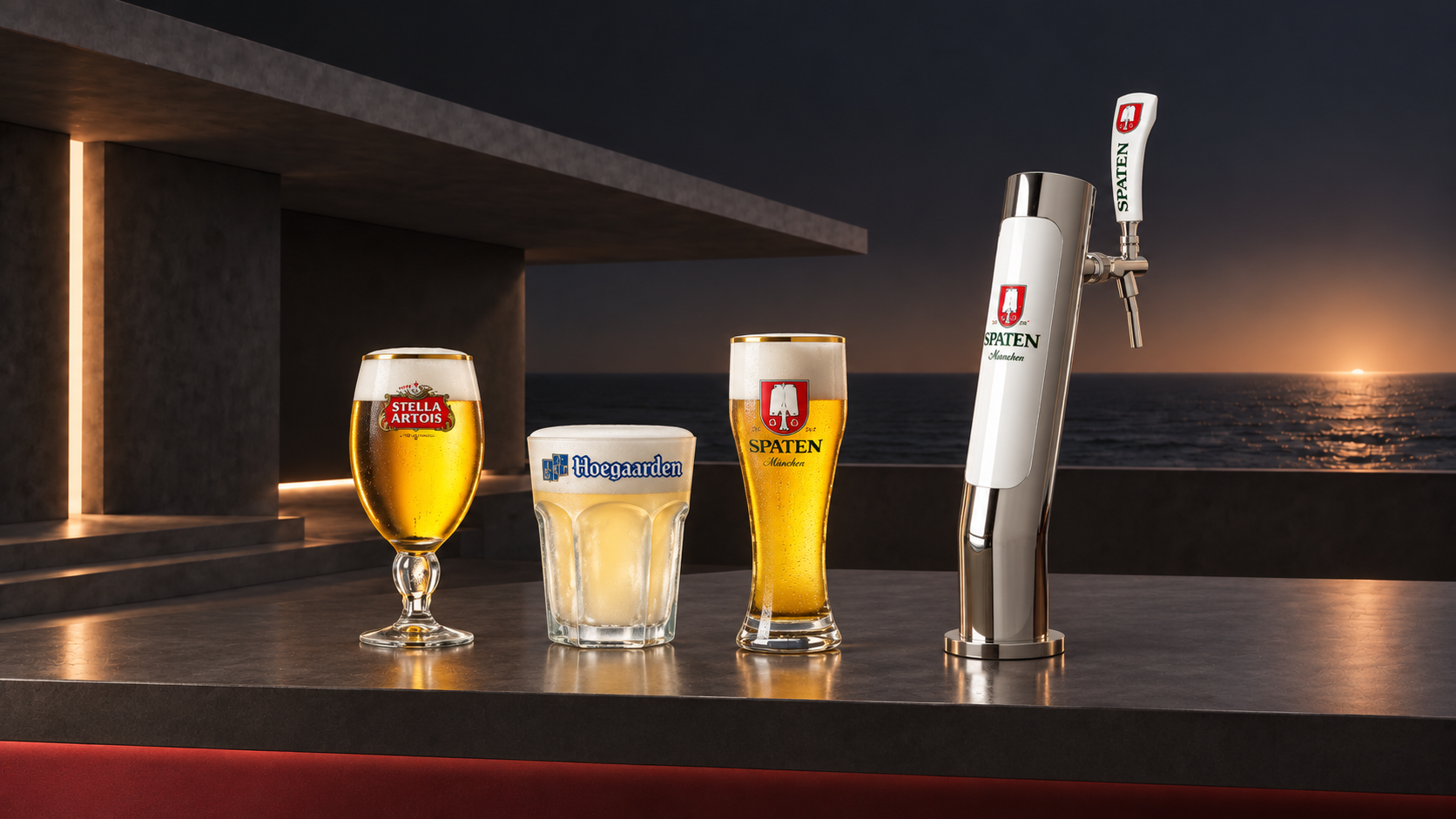 Оригинальные формы бокалов Stella Artois, Hoegaarden и Spaten с колонной Spaten