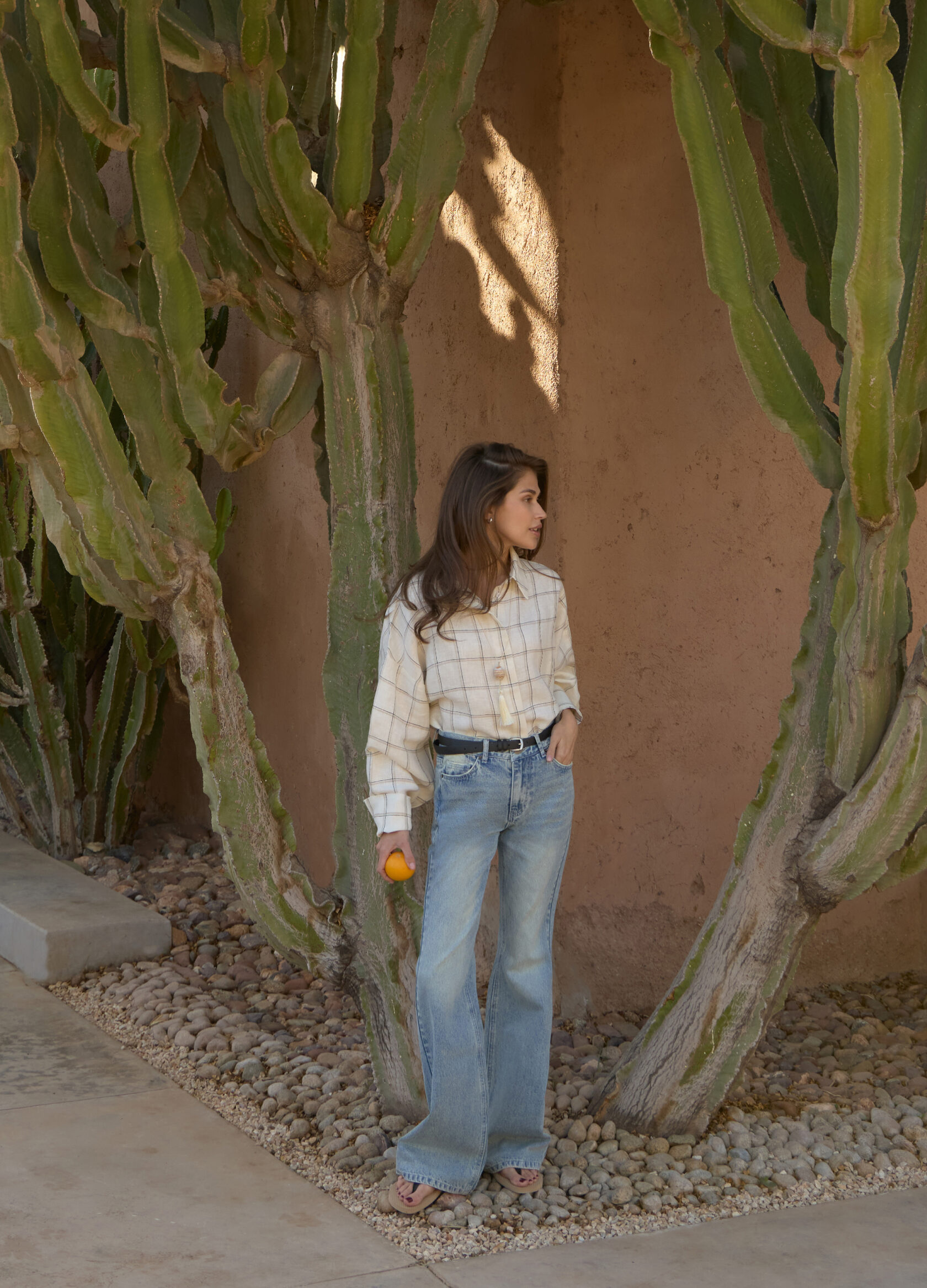 

Льняная рубашка в клетку - Песочная, White;белый