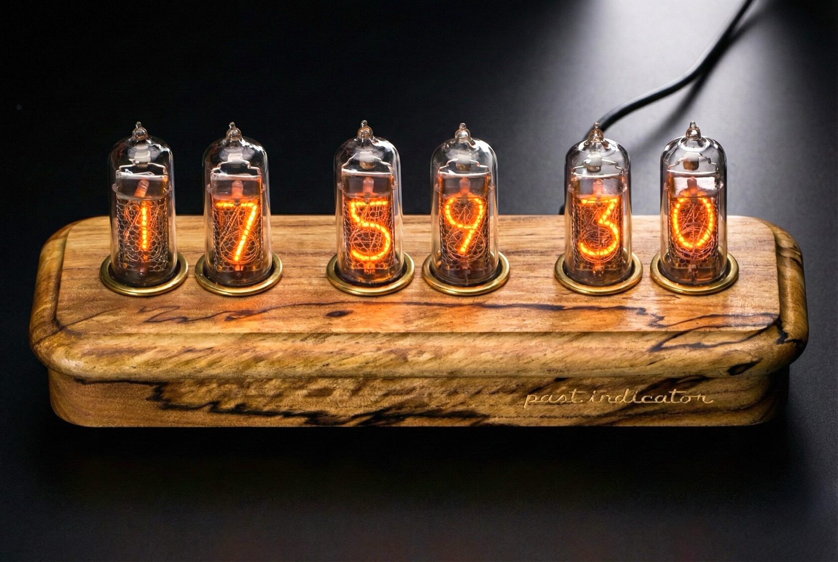 Vostok-4 Black: Spalted Elm nixie clock, view 3