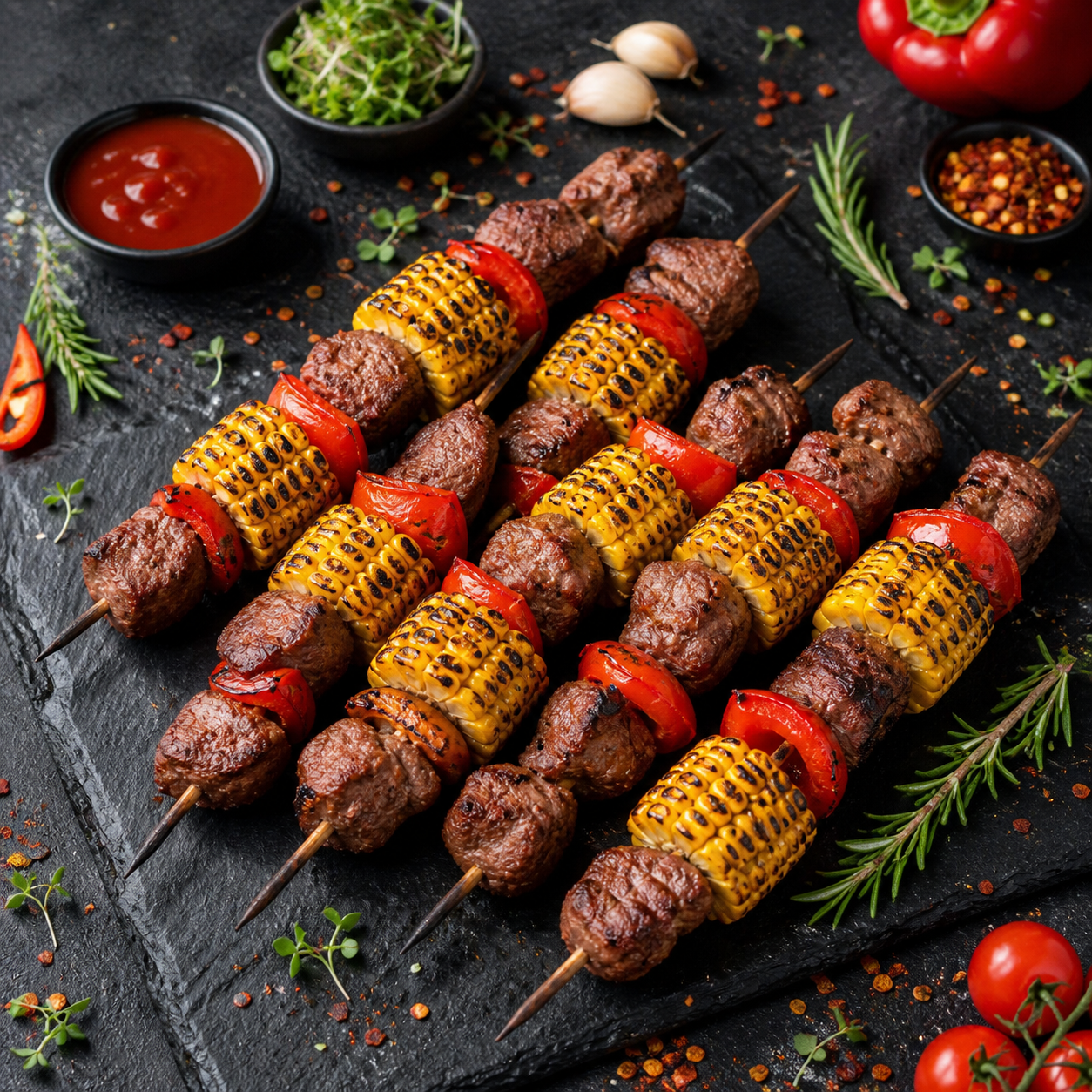 Брошеты из говядины с кукурузой и сладким перцем