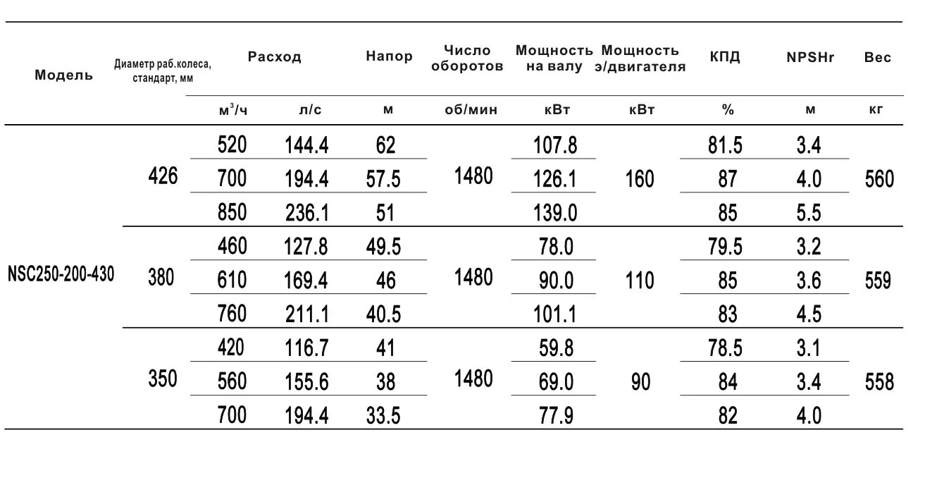 Технические характеристики NSC250-200-430-380D-110KW
