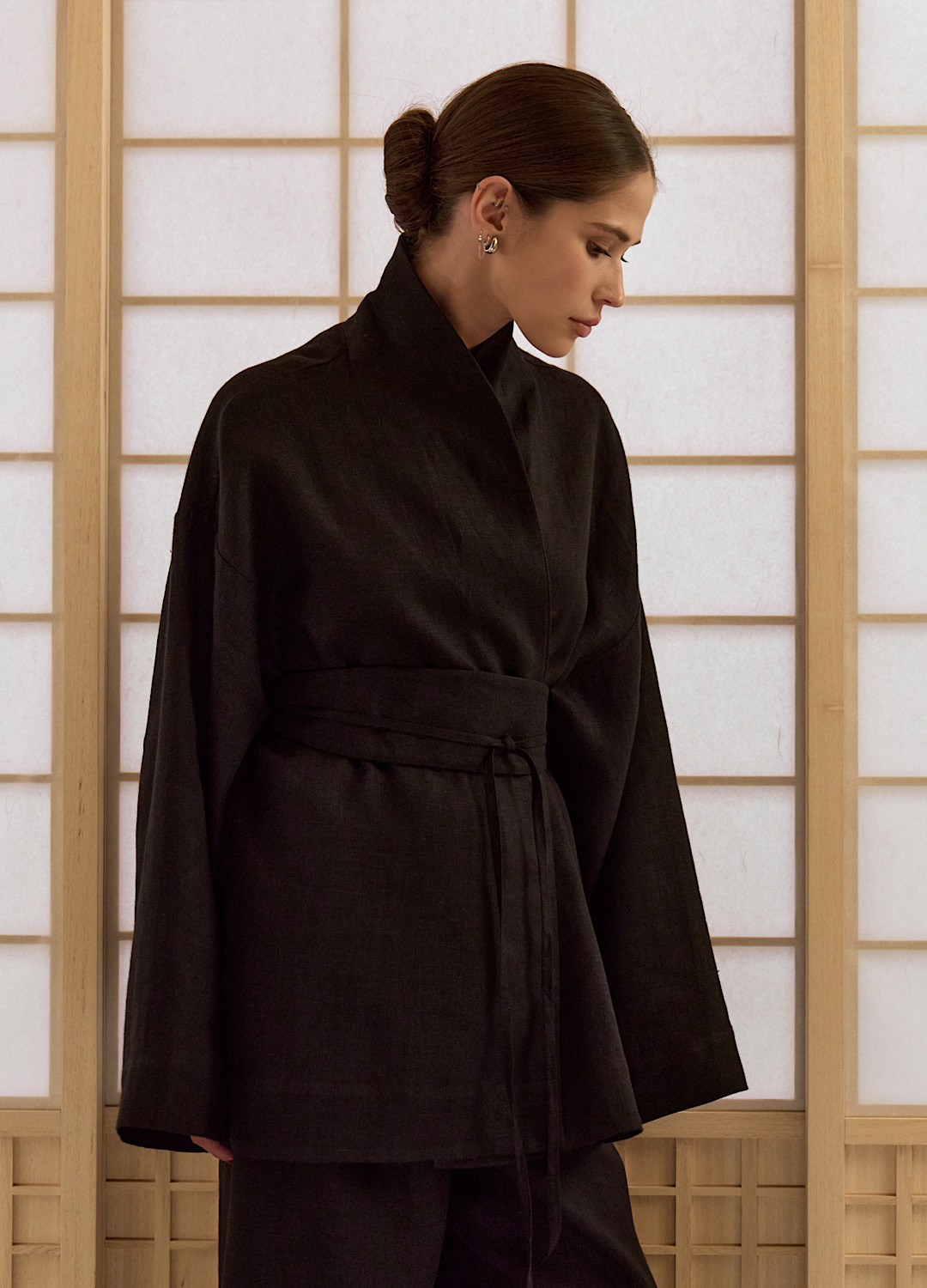 

Костюм Okinawa изо льна: кимоно с поясом + кюлоты - Чёрный, Black;чёрный