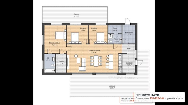 Планировка дома Одноэтажный коттедж 118 м2, 123 м²— Премиум Хаус