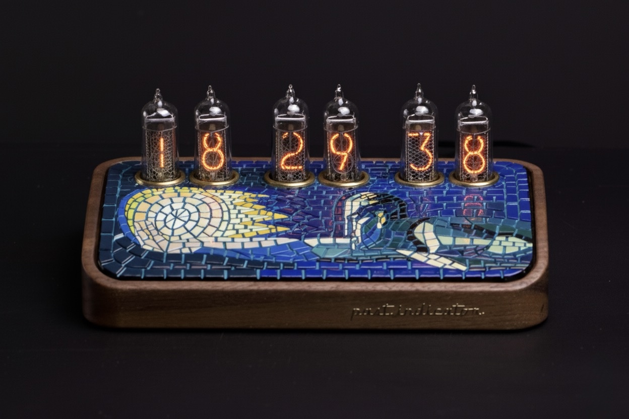 Capsule Bog Oak nixie clock with an engraved base