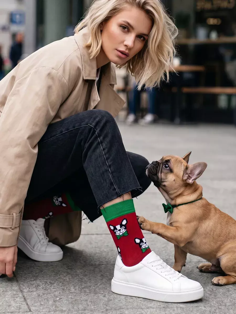 Бордовые носки Babushka Socks с французскими бульдогами