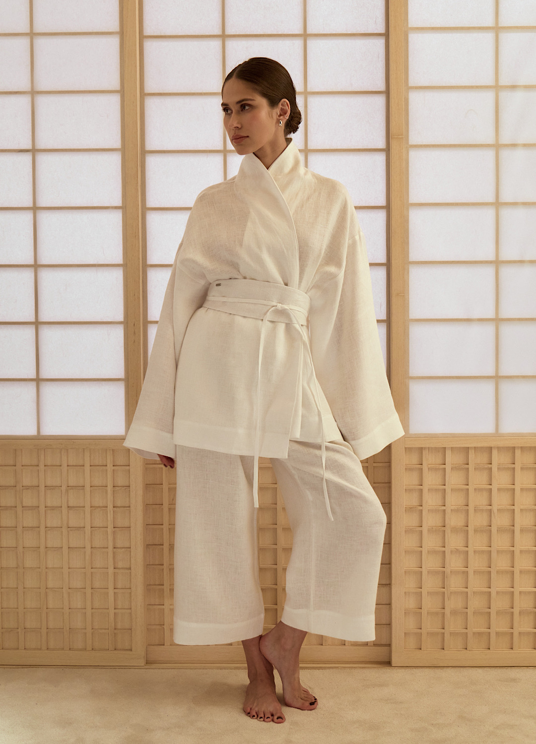 

Костюм Okinawa изо льна: кимоно с поясом + кюлоты - Белый, White;белый