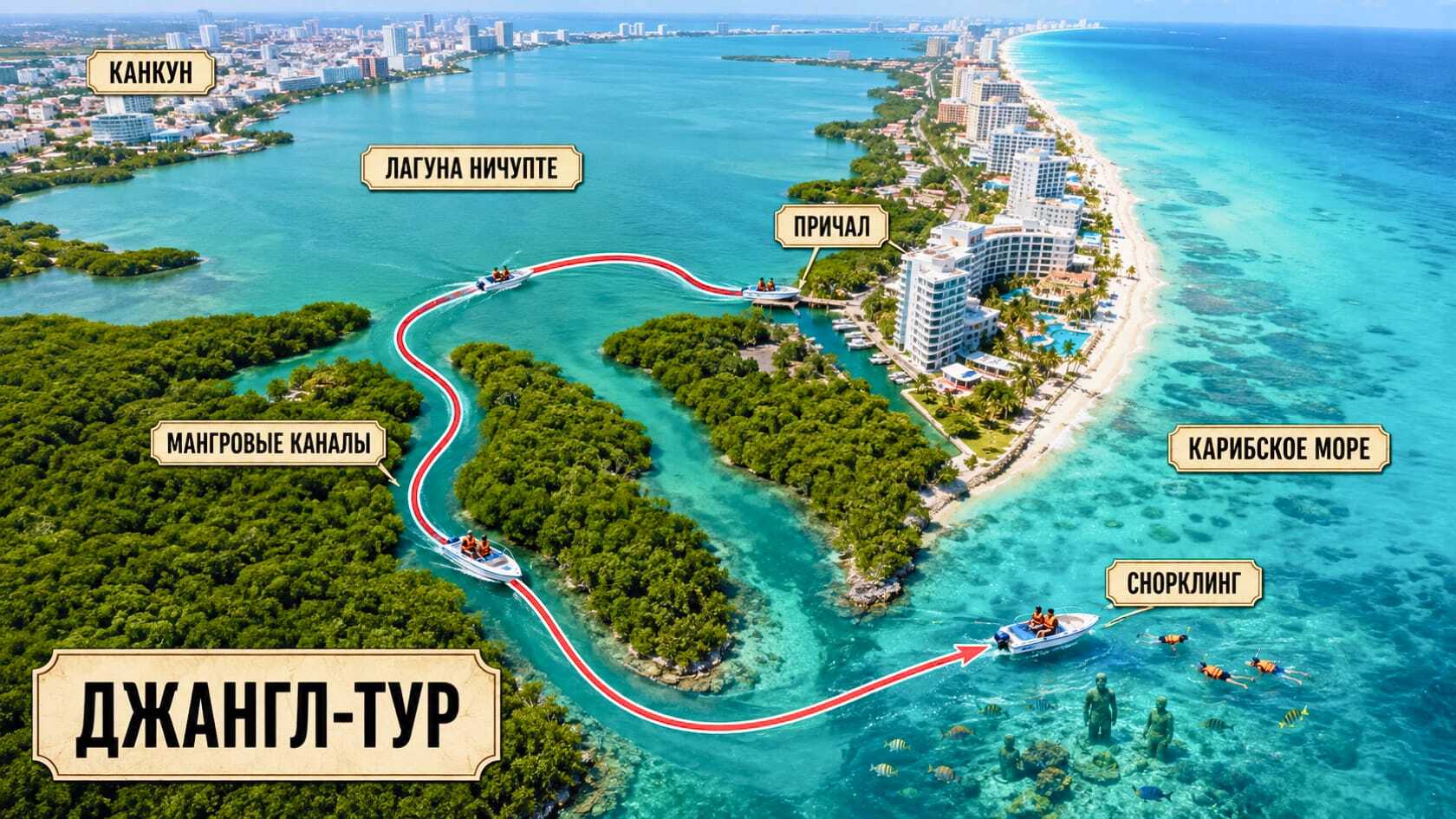 Маршрут джангл тура по лагуне Нечупте в Канкуне.