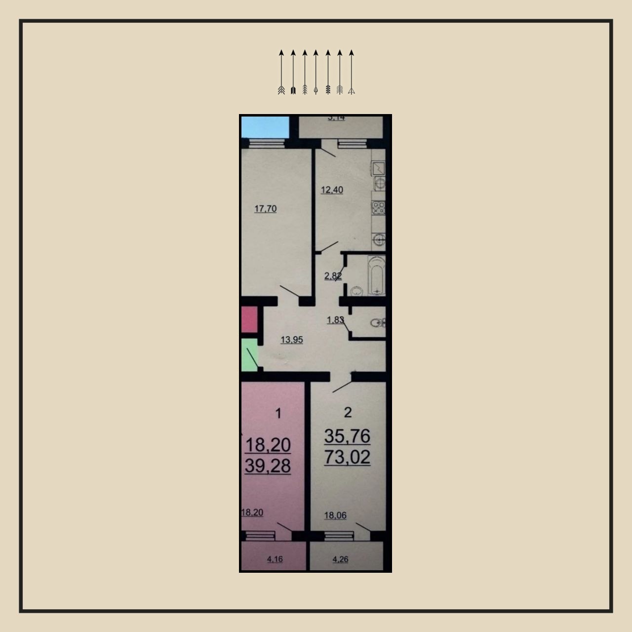 2-комнатная квартира, 68 м², П. Южный
