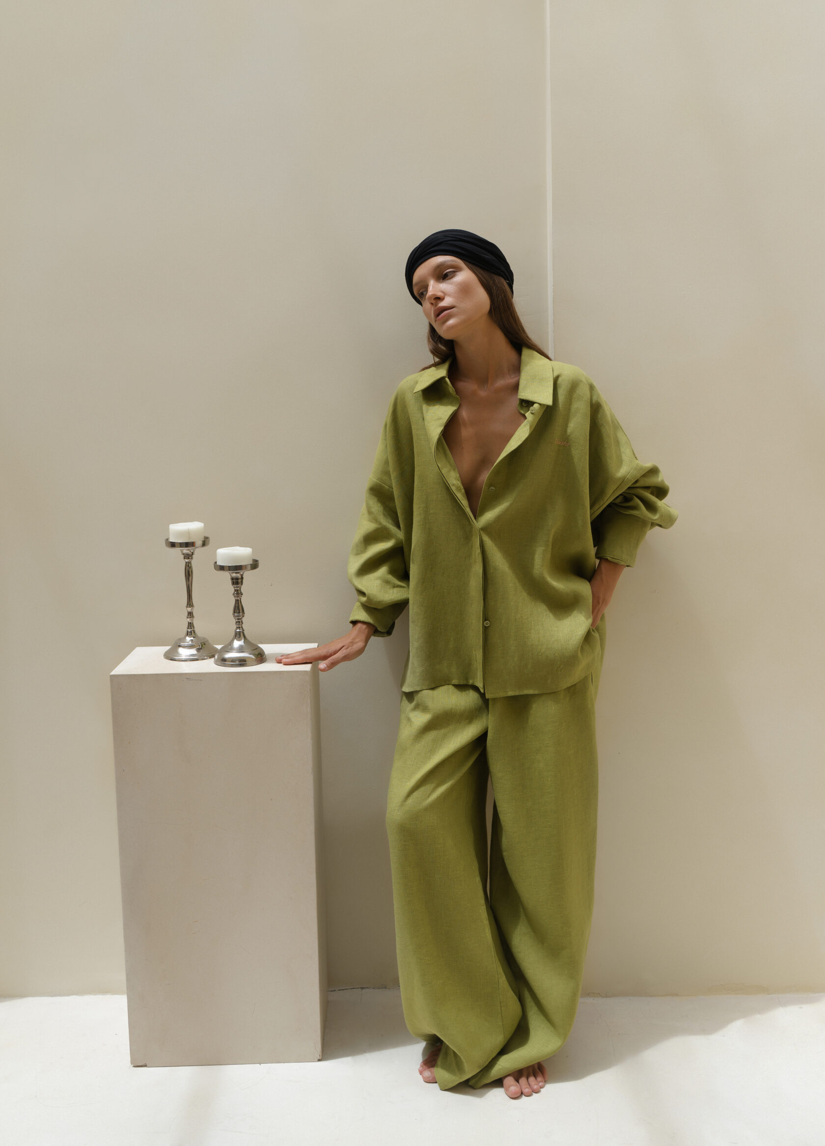 

Льняной костюм Ideal: рубашка + брюки - Зелёный, Olive;зелёный