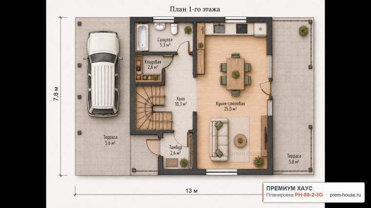 Планировка 1 этажа дома Дом в разметелево 2этажа 88м2, 88 м²— Премиум Хаус
