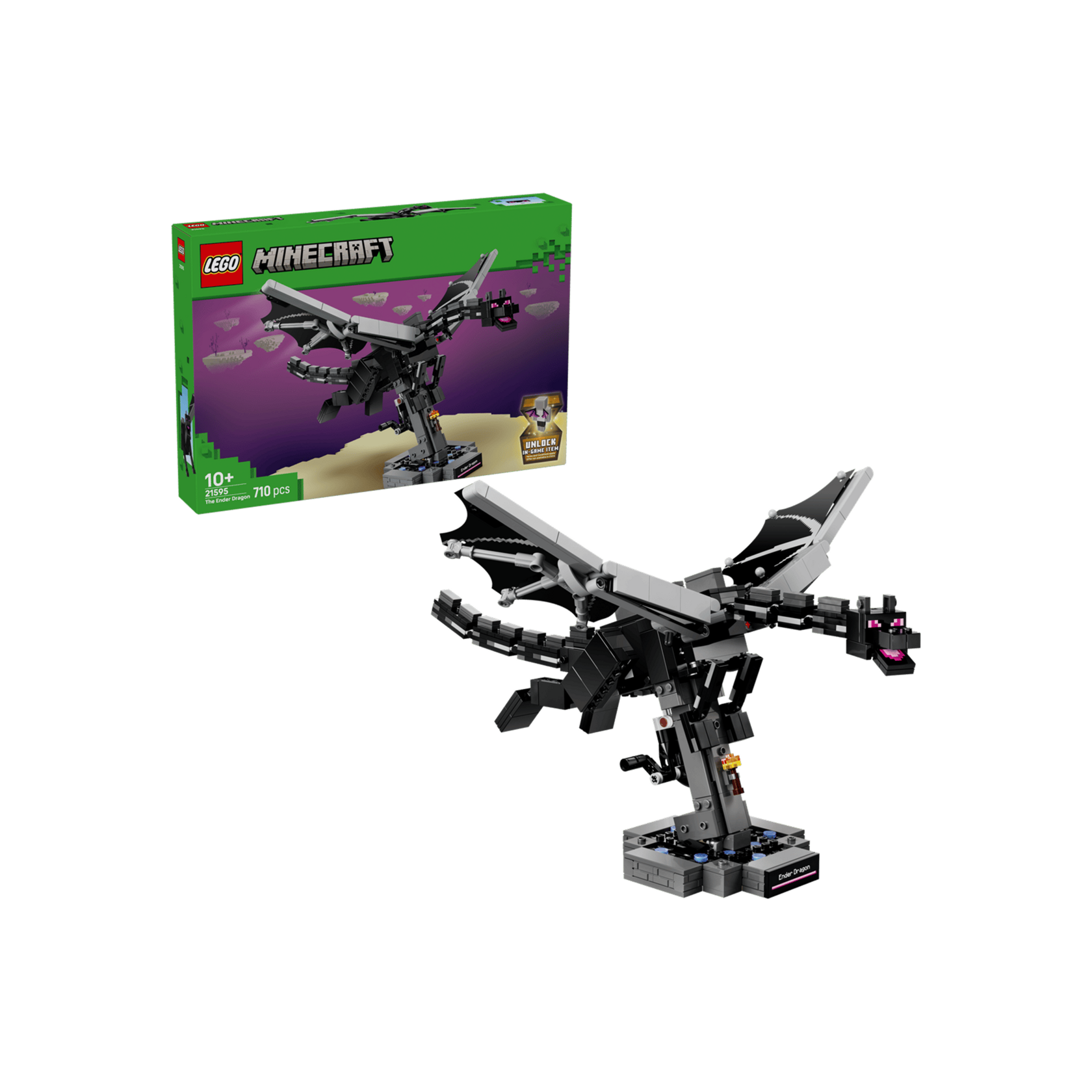 LEGO Minecraft Дракон Края 21595: собранная модель на подставке и коробка