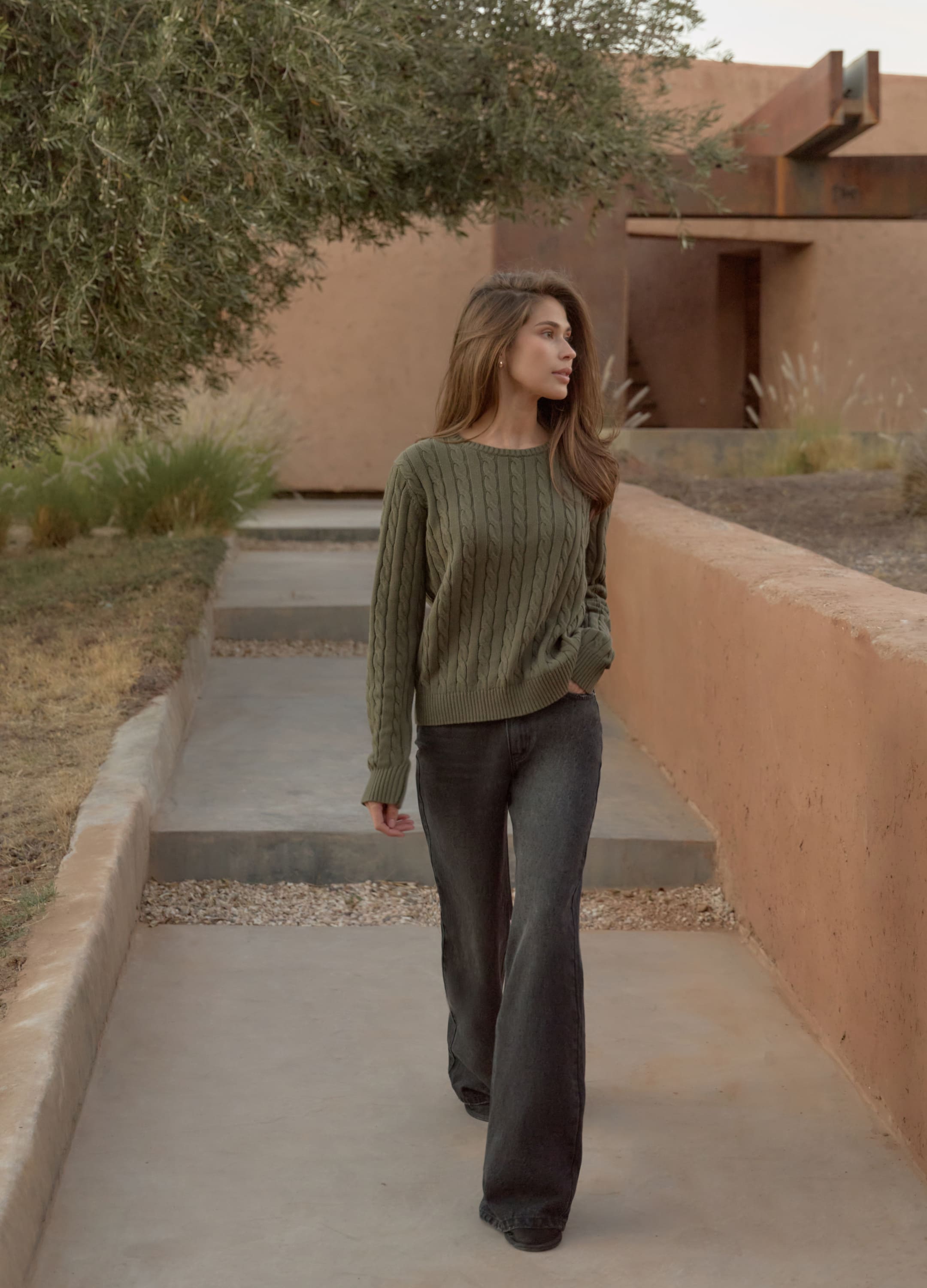 Джемпер с косами Timeless из мерсеризованного хлопка - Хвойный