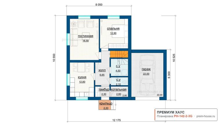 Планировка 1 этажа дома Загородный дом в стиле Барнхаус 142м2, 142 м²— Премиум Хаус