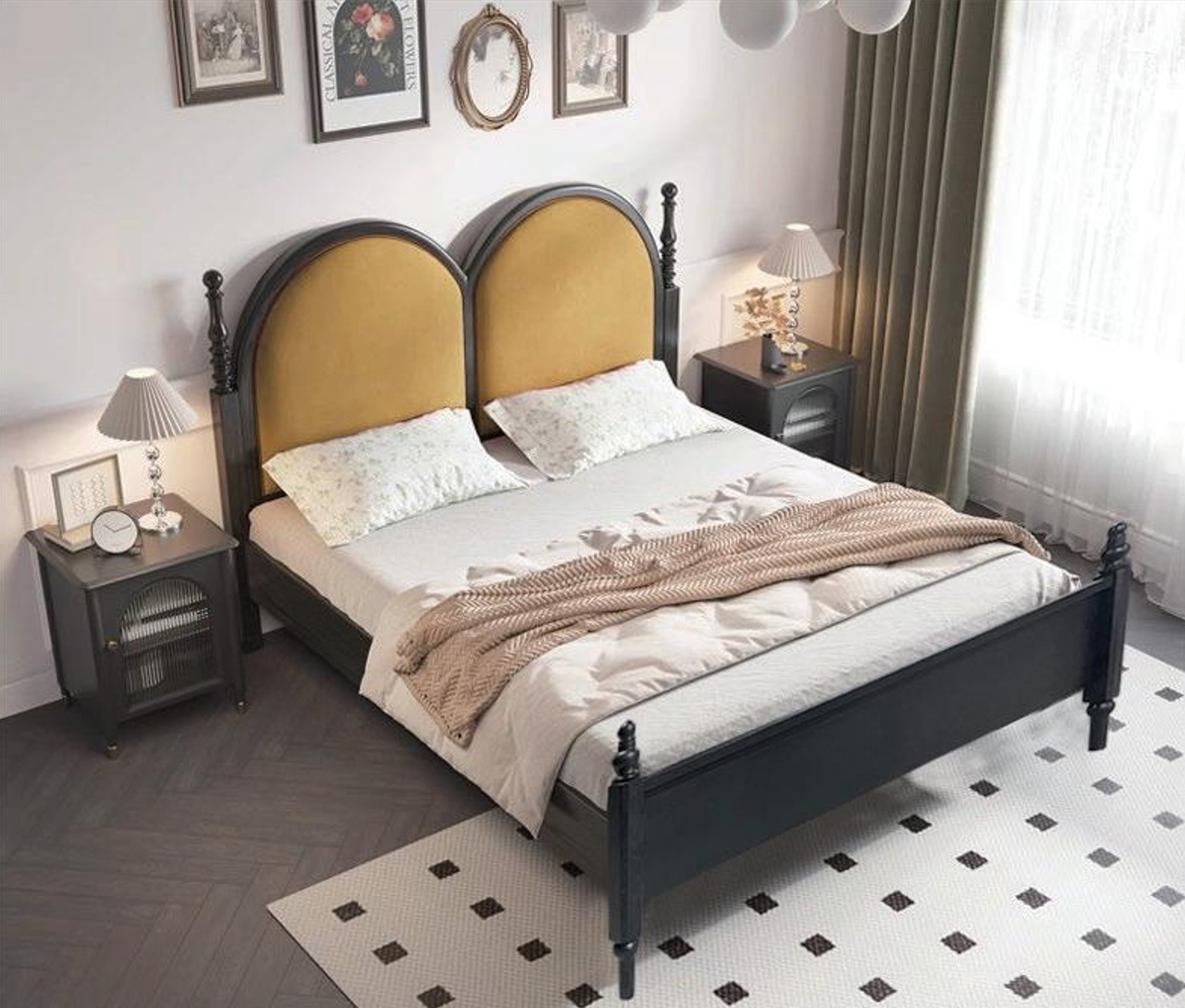 Двуспальная кровать из красного дуба в стиле ар-деко с двойным полукруглым мягким изголовьем в горчичном велюре и четырьмя точёными столбиками в тёмной отделке