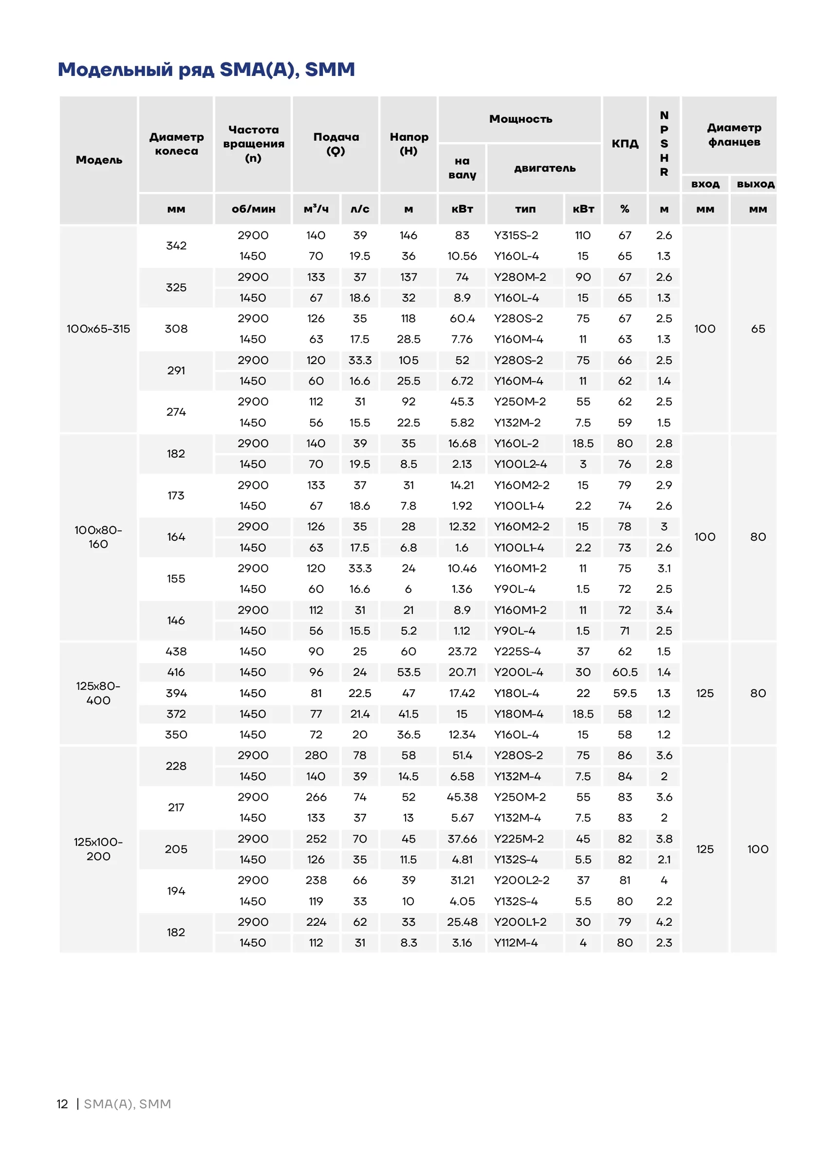 Таблица технических характеристик SMM100-80-160-15/2SWH