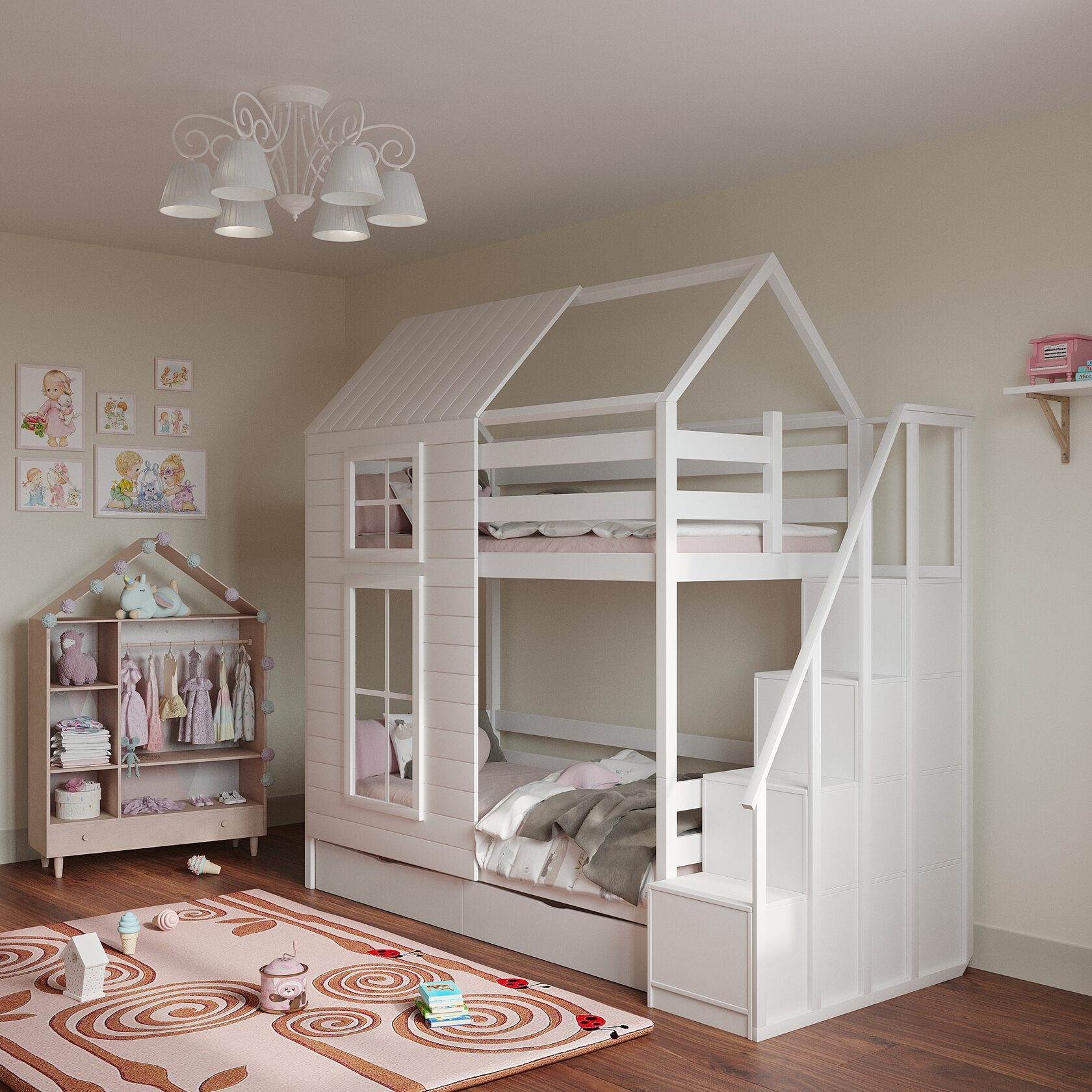 Кровать двухъярусная Домик с ящиками, лесенка комод, имитация окна ...