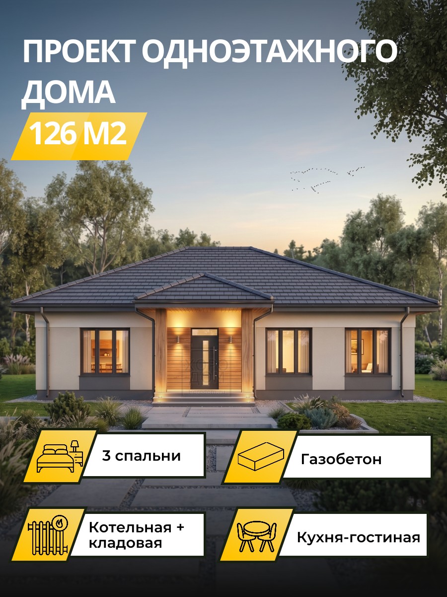 Проект дома 126 м2 / Газобетон / 1 этаж / 13,68×11,05 м / 40 листов / ОПГД26.1