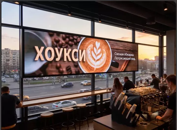 Декоративная световая панель «Хоукси» над витриной кофейни