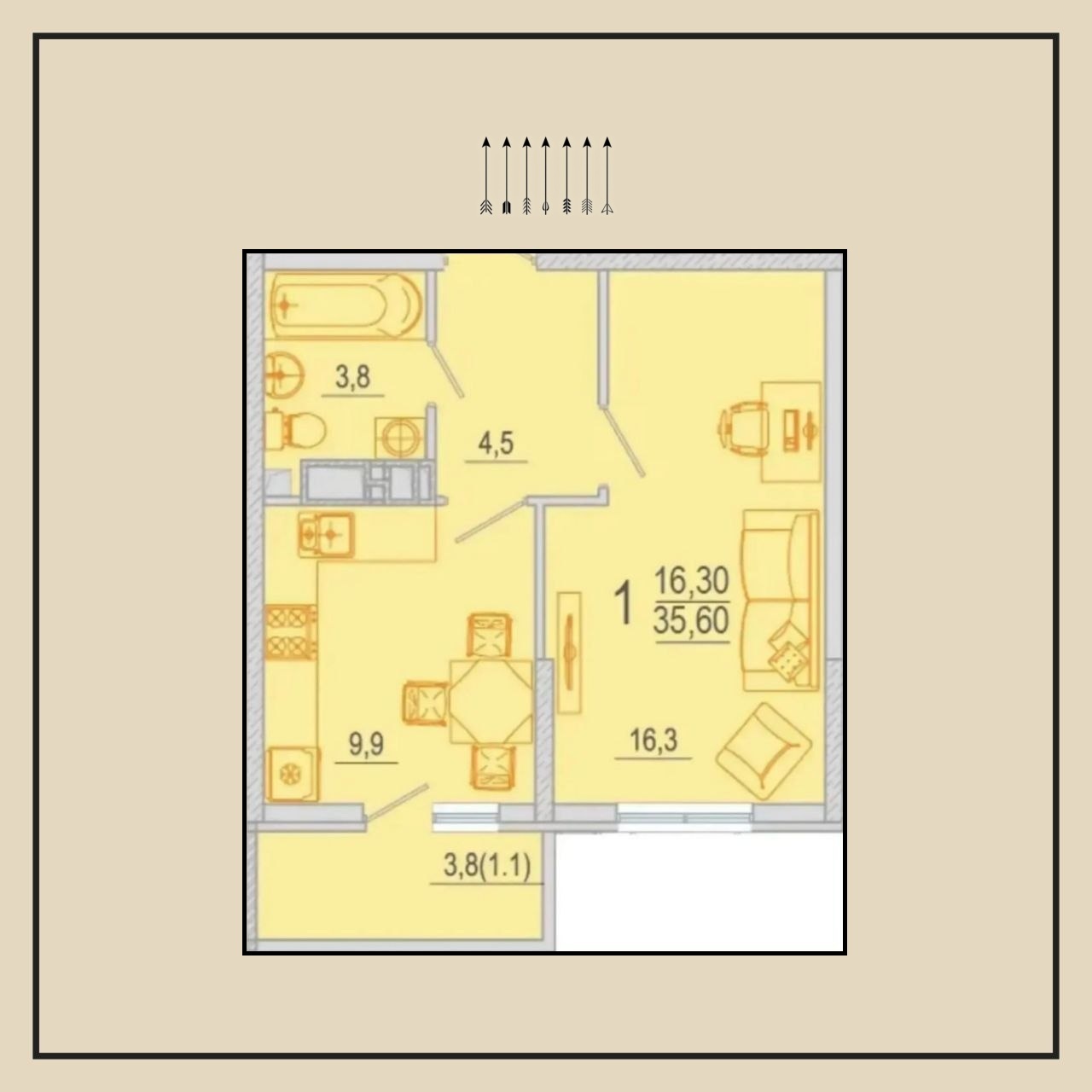 1-комнатная квартира, 36 м², ЖК Южане · Западный Обход