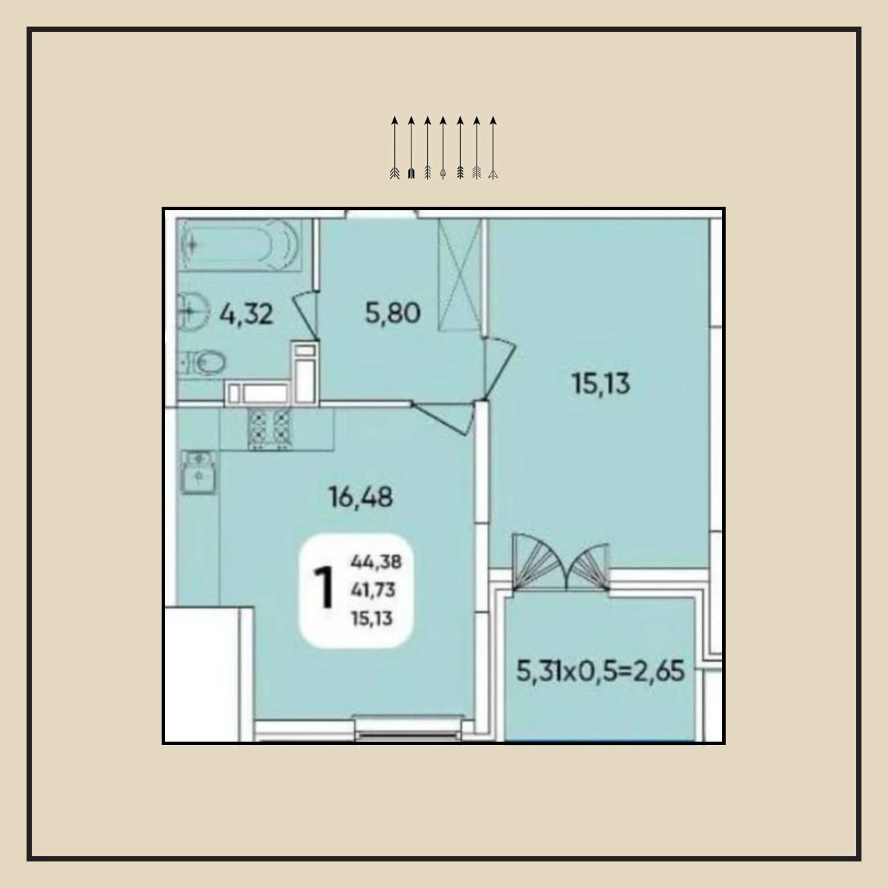 2-комнатная квартира, 44 м², ЖК Любимово · Восточка