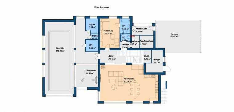 Планировка 1 этажа дома Акватория К-580 с бассейном, 580 м² — Премиум Хаус