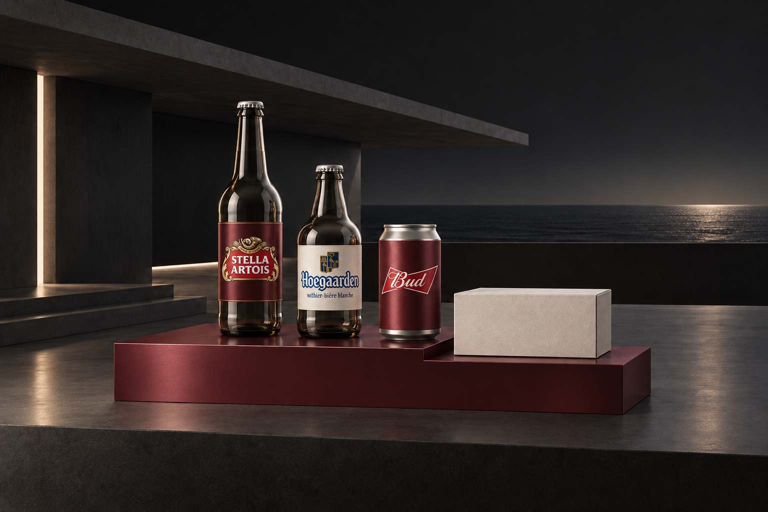 Мокапы Stella Artois, Hoegaarden и Bud на бордовом подиуме — концептуальный рендер Сочи