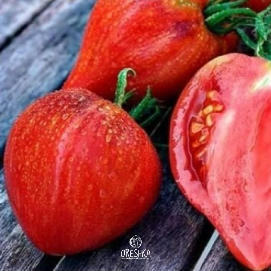 Crushed Heart tomato golden blurred stripes raspberry pink skin detail