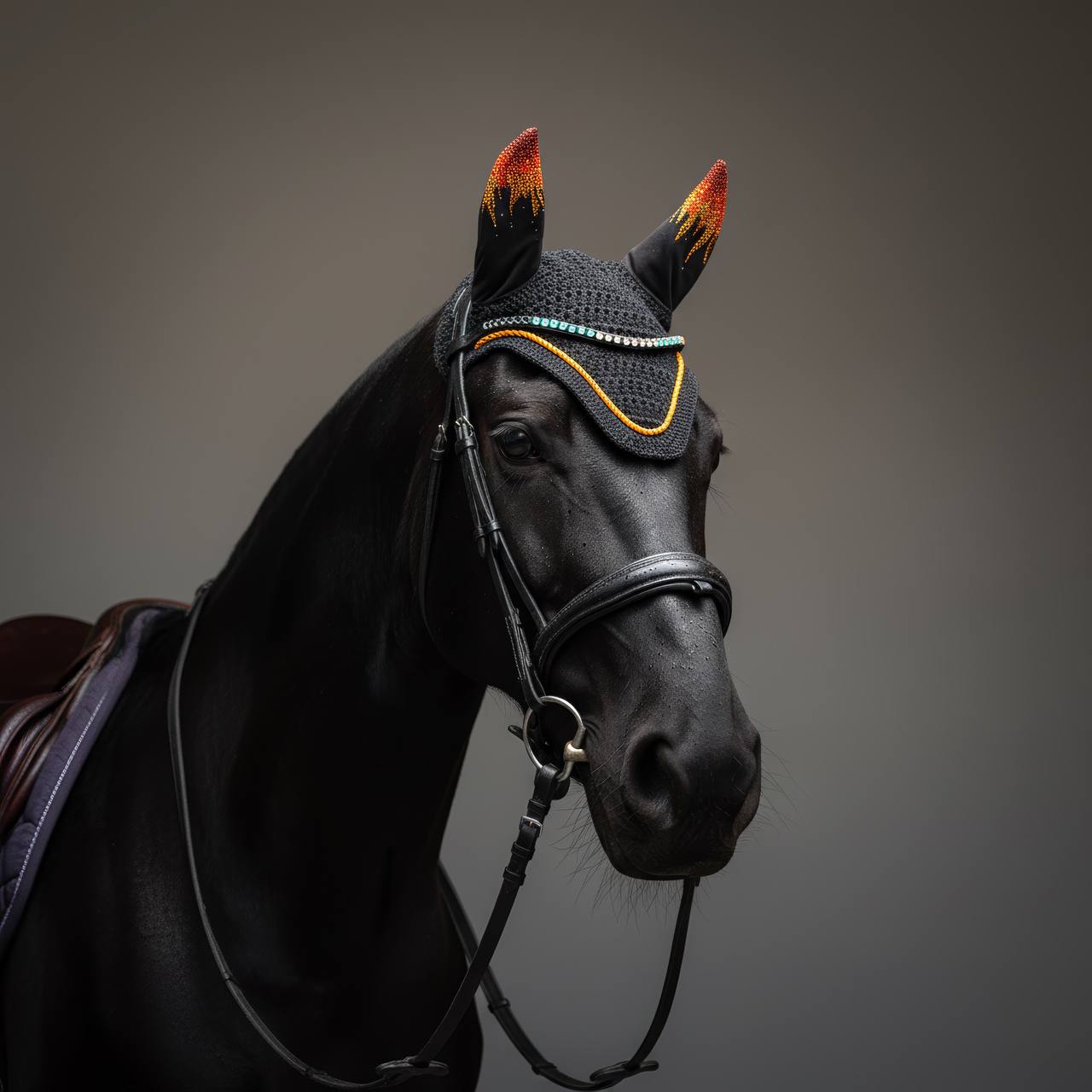 Horse wearing a hand-knitted BYT ear bonnet