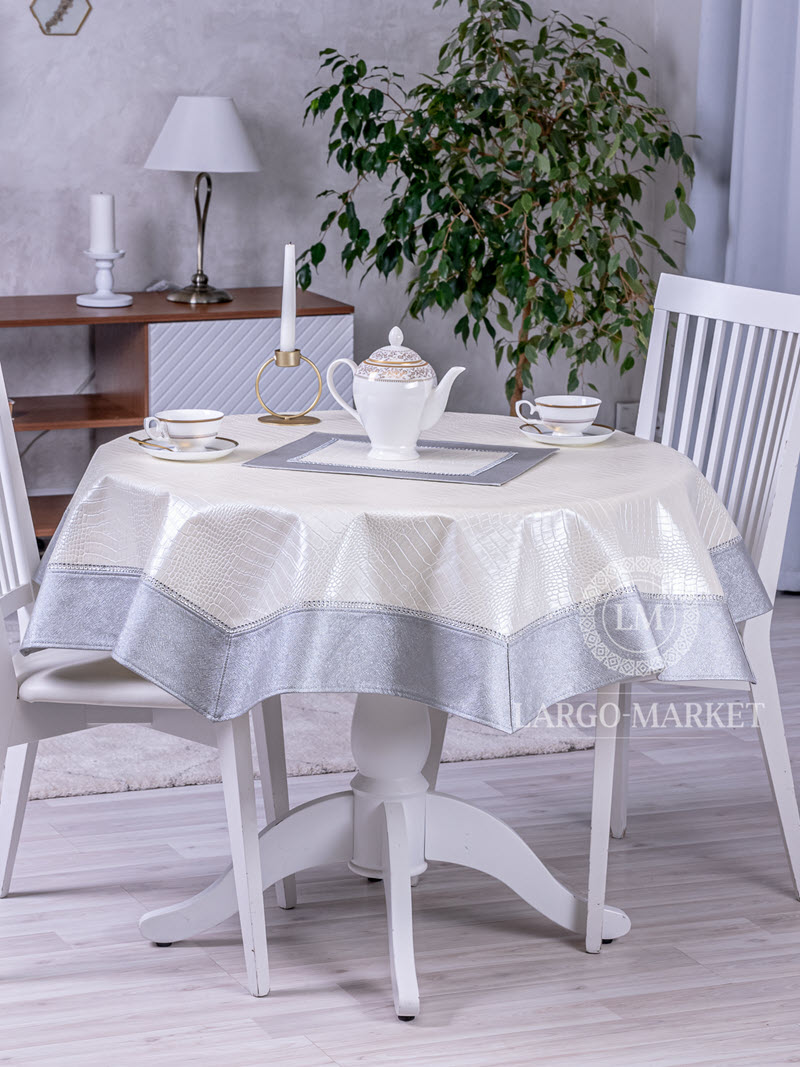 Скатерть из экокожи Крокодил жемчужного цвета (кант серый)