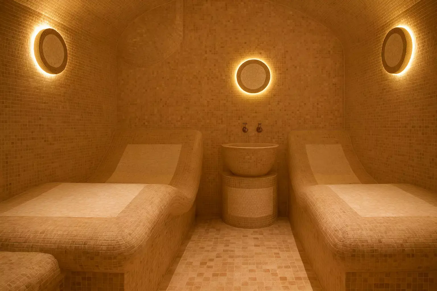 Хаммам под ключ с мраморными лежаками и раковиной