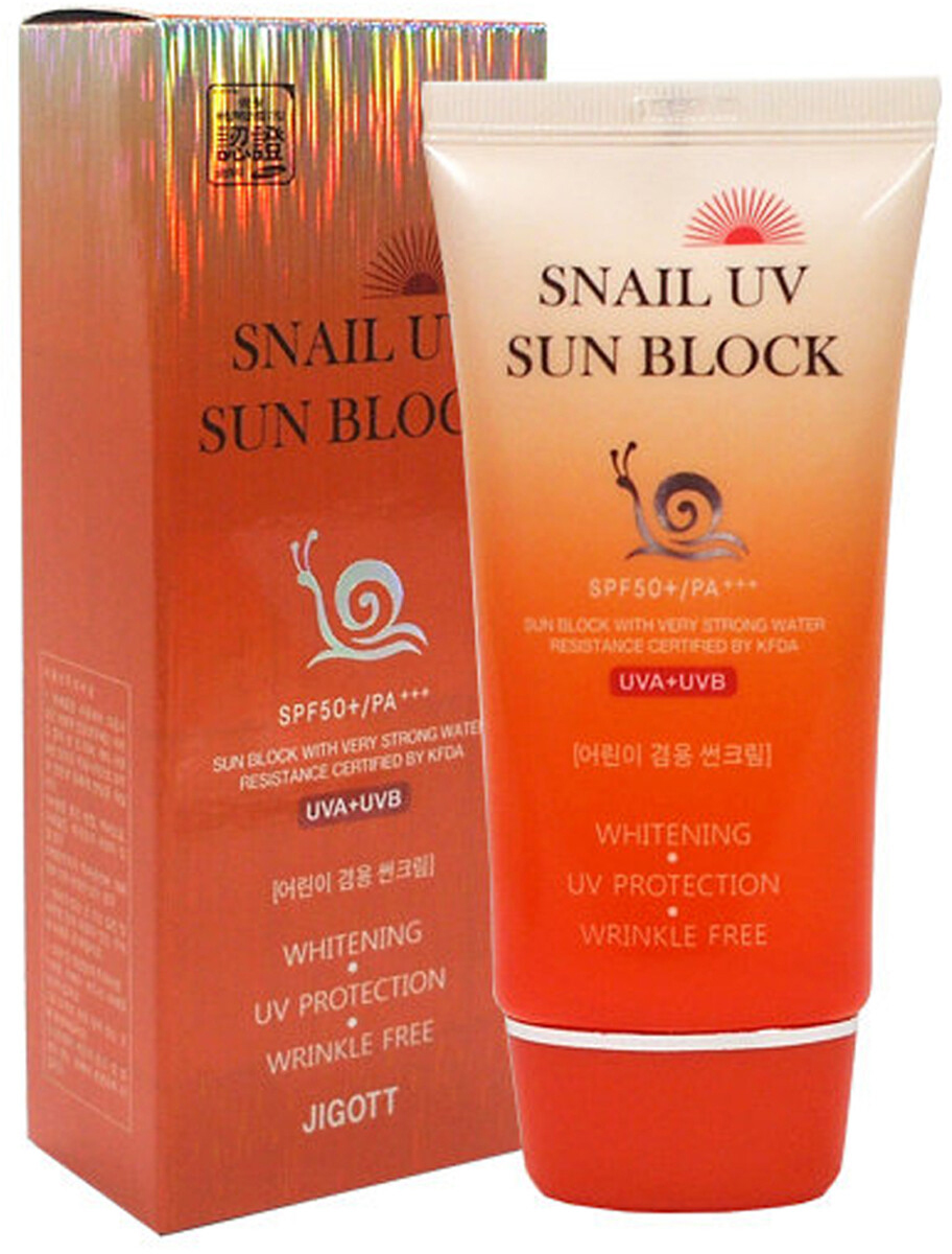 Крем jigott улитка. Jigott Snail UV Sun Block Cream солнцезащитный крем. Jigott крем солнцезащитный для лица "Snail Sun. Snail UV Sun Block SPF 50+pa+++. Солнцезащитный крем UV Sun Block spf50+, 70мл (Jigott) (Snail), шт.