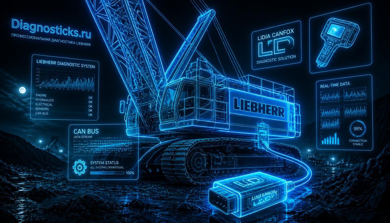 Диагностика строительной техники Liebherr — обложка статьи с краном и сканером, Diagnosticks.ru