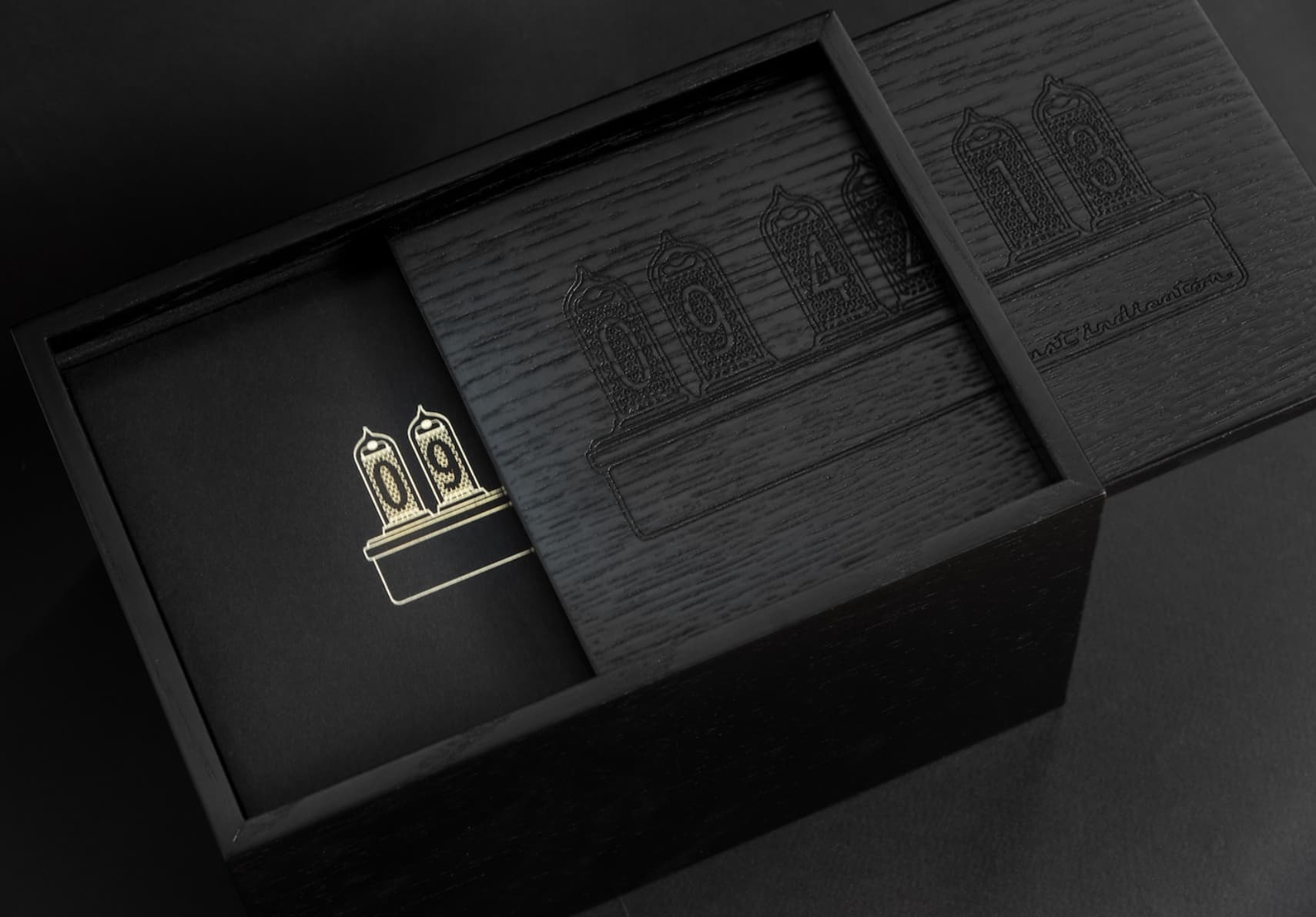 Past Indicator gift box in black oak with engraved nixie tube artwork