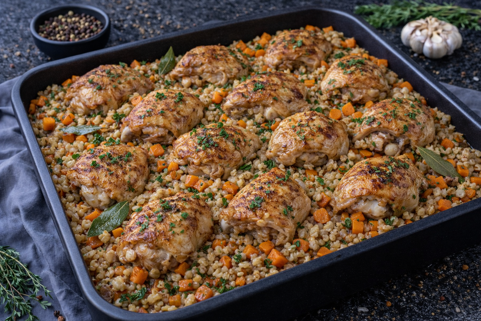 Перловка с курицей и томлёными овощами
