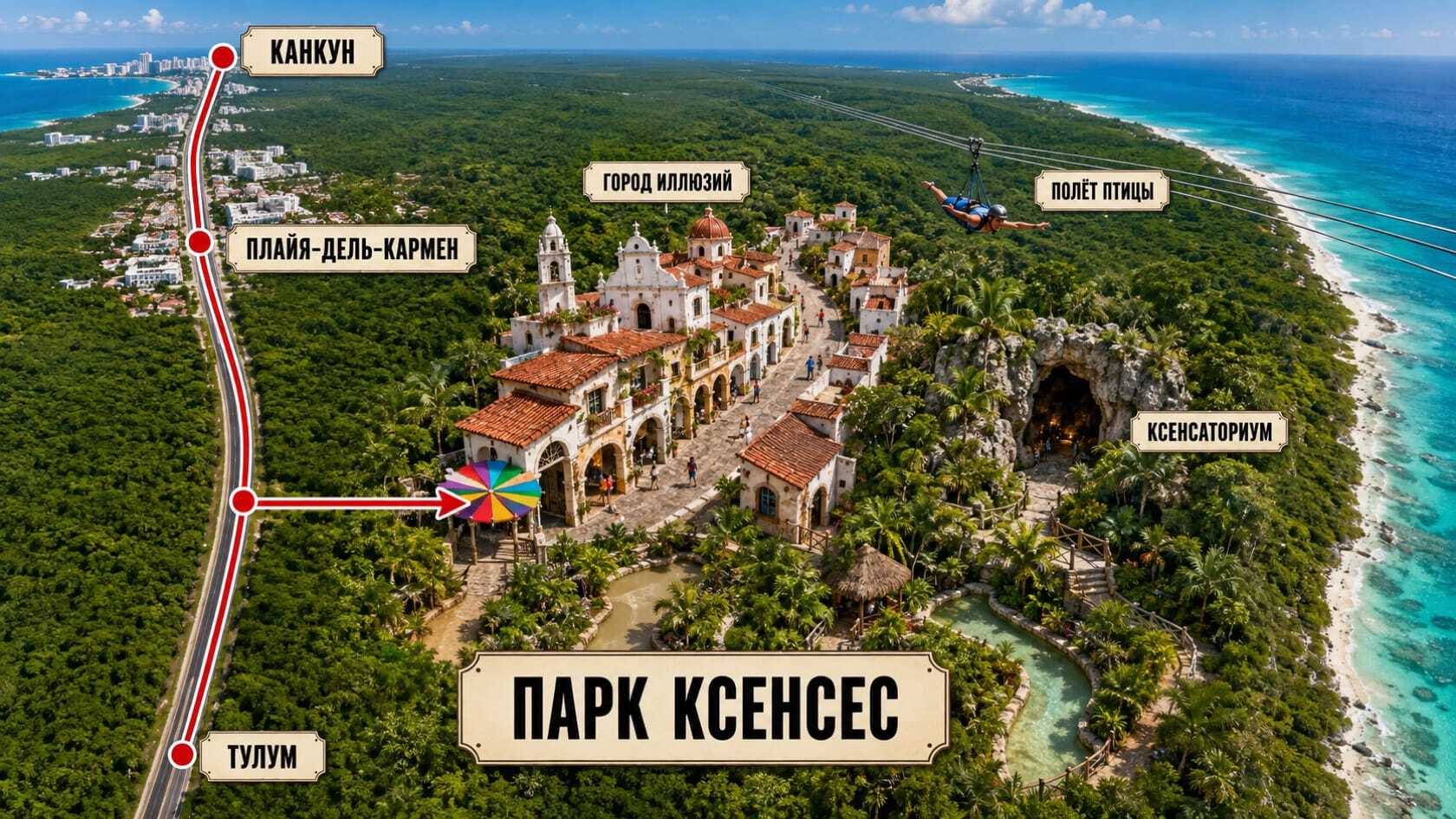 Парк развлечений Ксенсес в Мексике.
